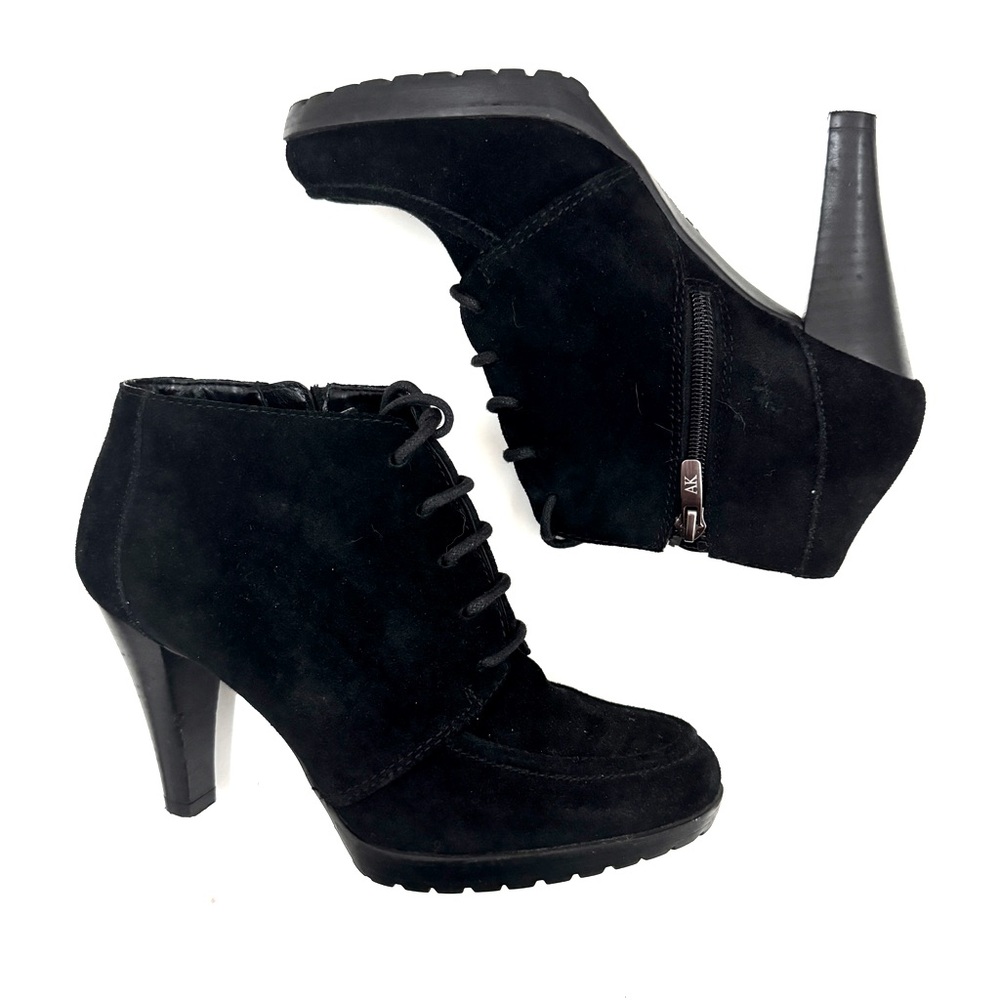 Anne Klein Tutorial Lace-up Suede Black Heeled Booties Lug-Sole Size 7
